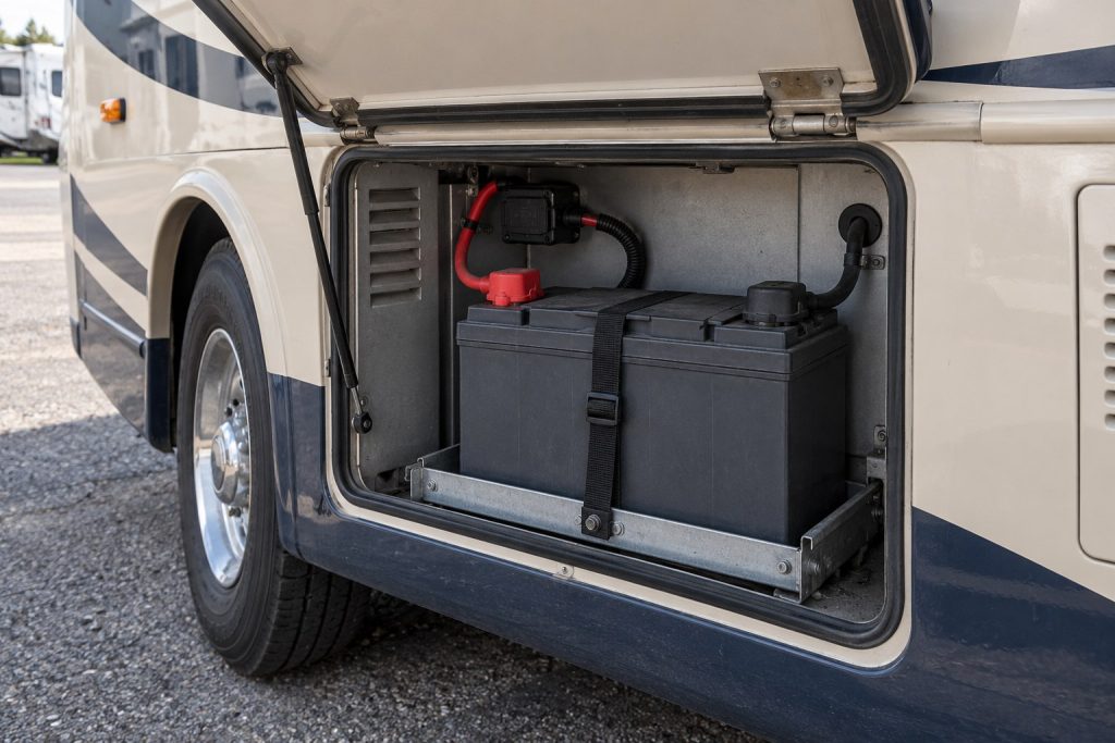 Large AGM-style battery secured in a motorhome exterior service bay, with insulated posts and a covered fuse beside the case