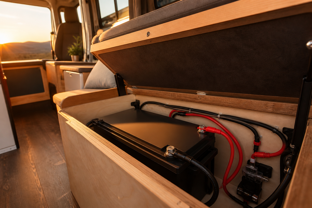 100Ah LiFePO4 battery installed neatly in camper van compartment
