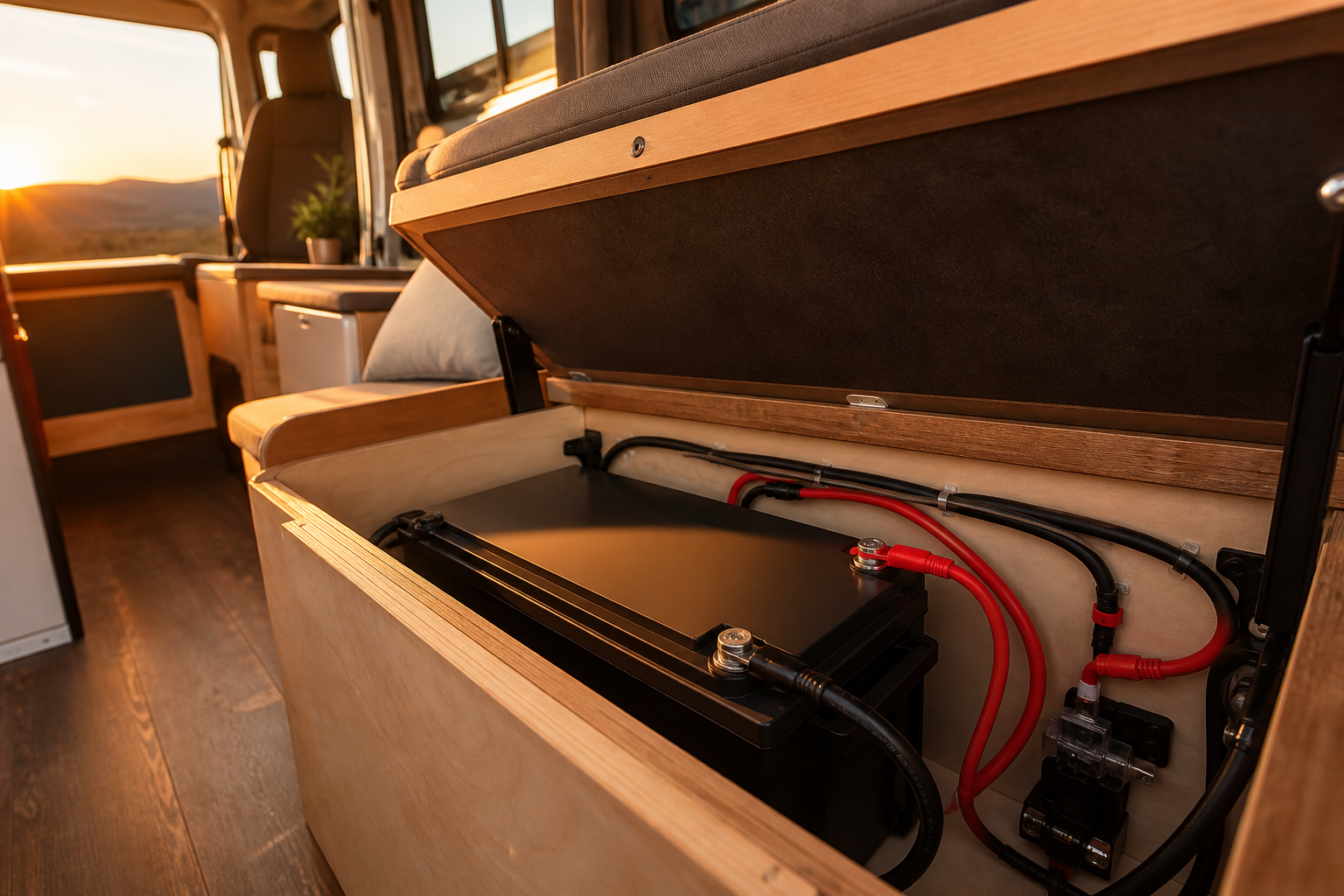 100Ah LiFePO4 battery installed neatly in camper van compartment