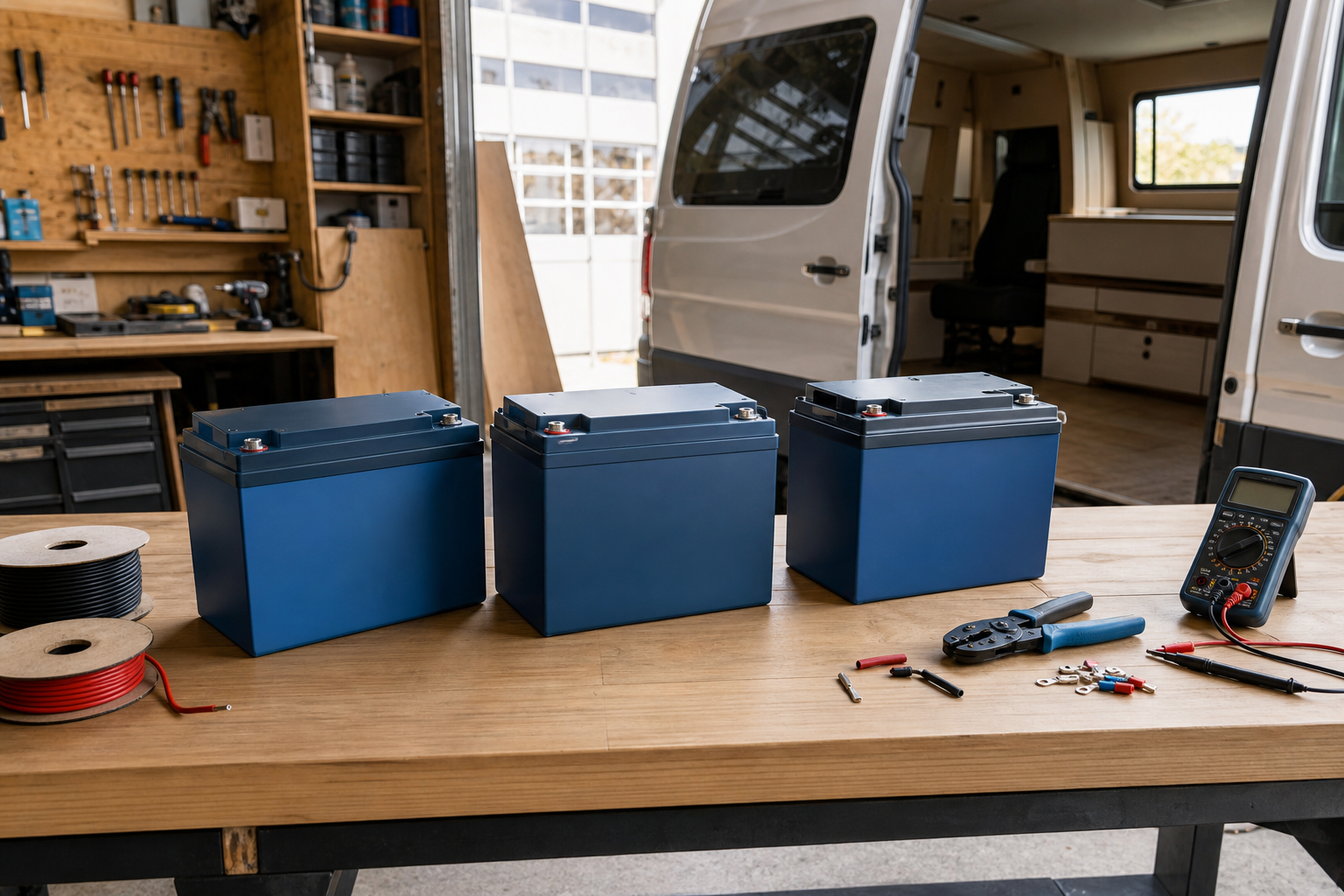 Several 100Ah LiFePO4 batteries compared on van workshop bench