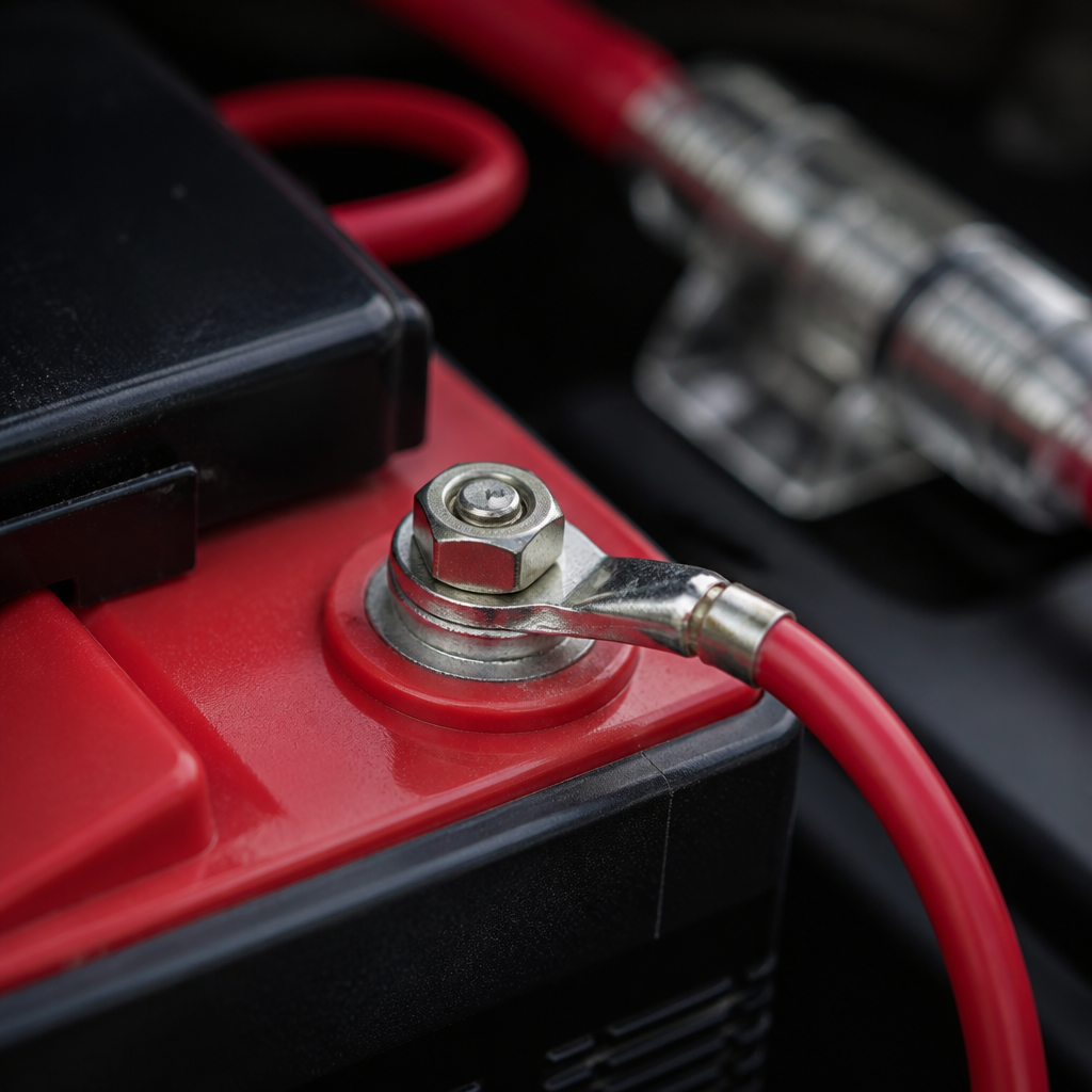 Close-up of secure LiFePO4 battery terminal and fuse connection