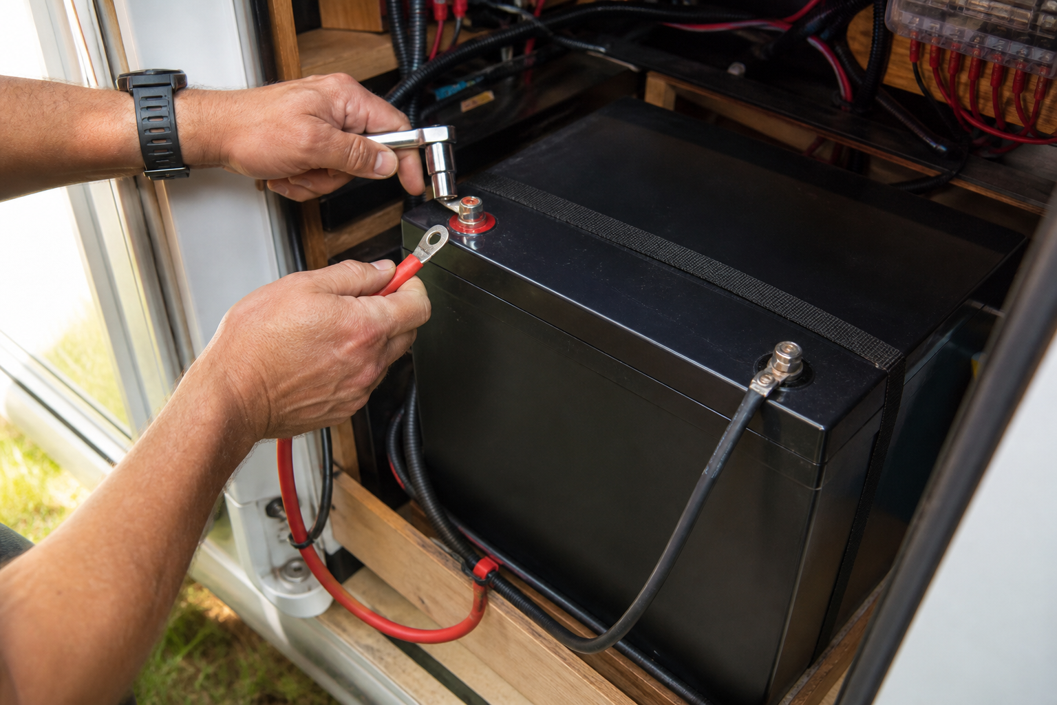 Hands connecting cables to 100Ah LiFePO4 RV battery terminals