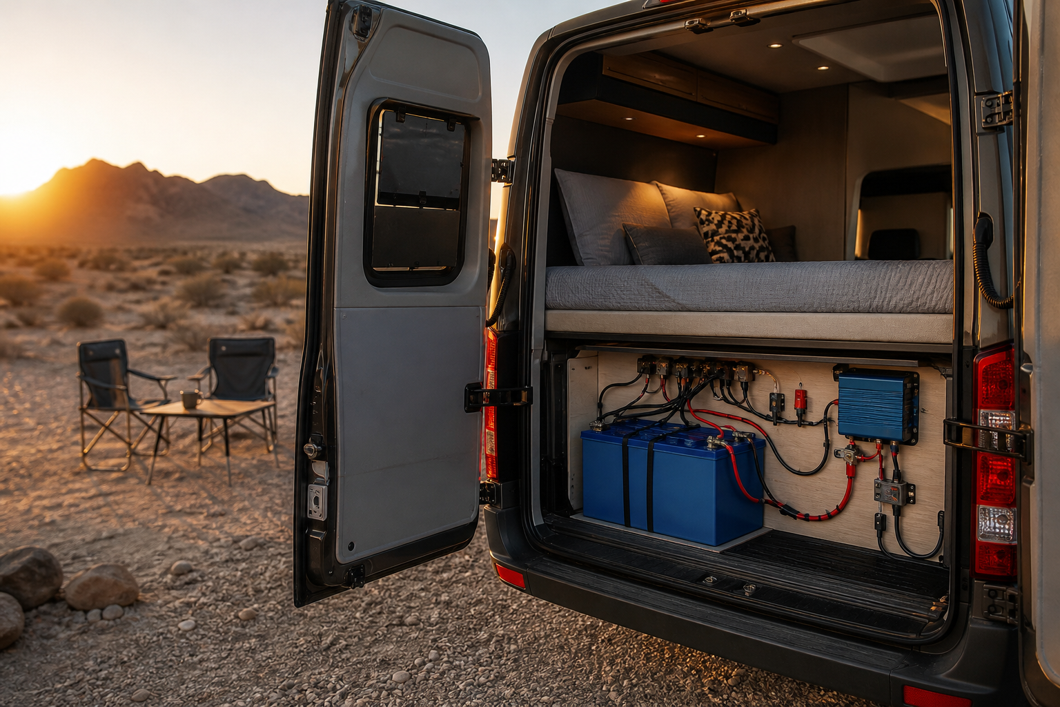 Camper van battery bay with 200Ah LiFePO4 battery at golden hour