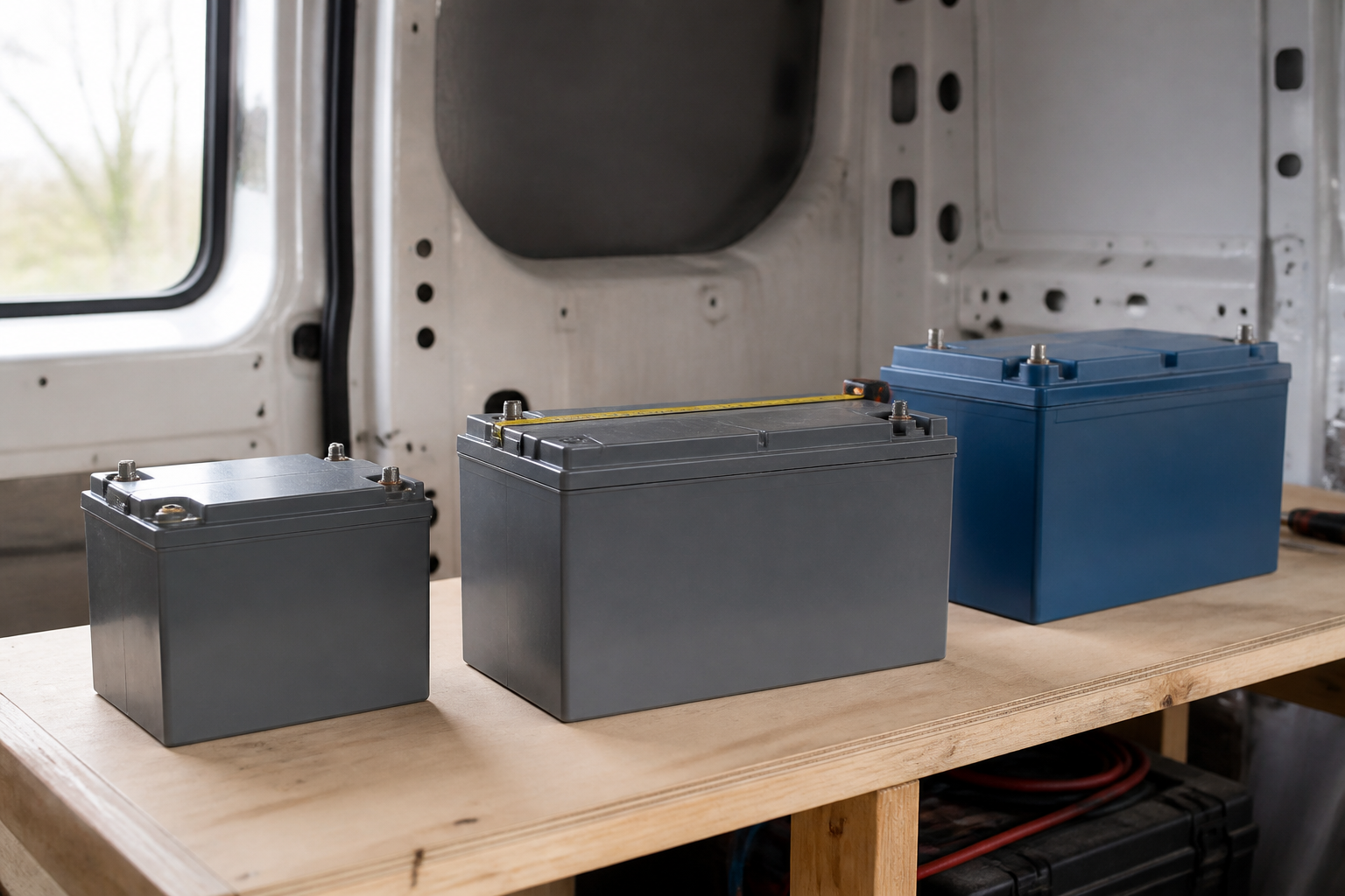 Comparing sizes of 200Ah LiFePO4 batteries on a workshop bench