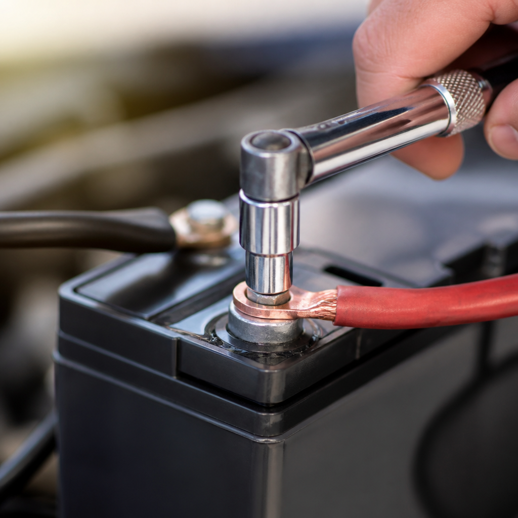 Torque wrench securing terminal on LiFePO4 RV battery safely