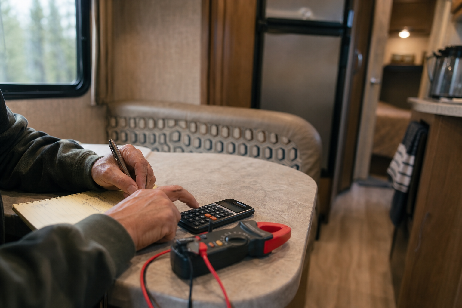 RV owner calculating daily watt-hour load budget for battery sizing