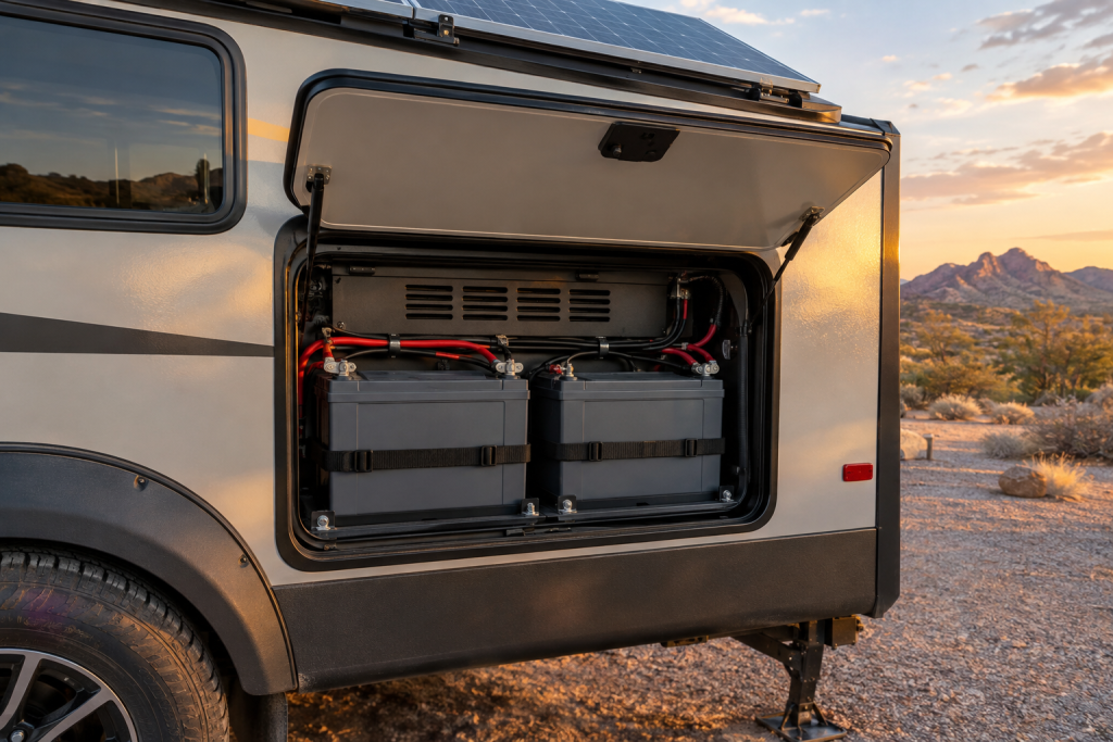 Two AGM batteries installed in a travel trailer bay for RV solar