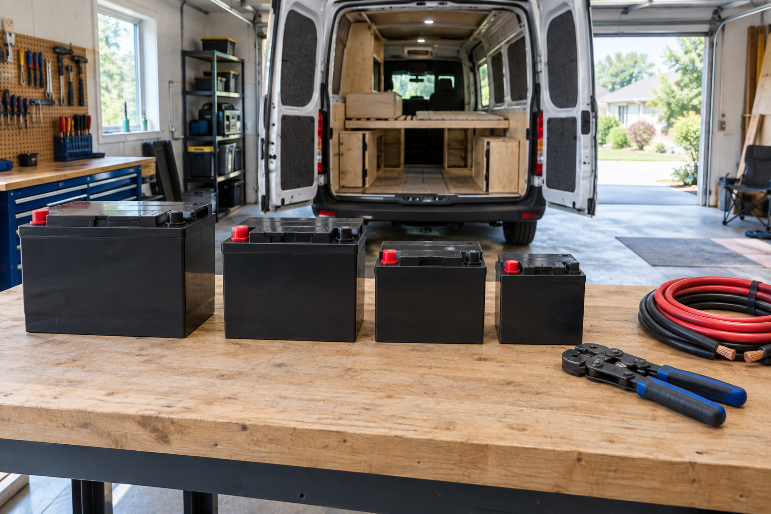Several deep-cycle AGM batteries lined up on a van workshop bench