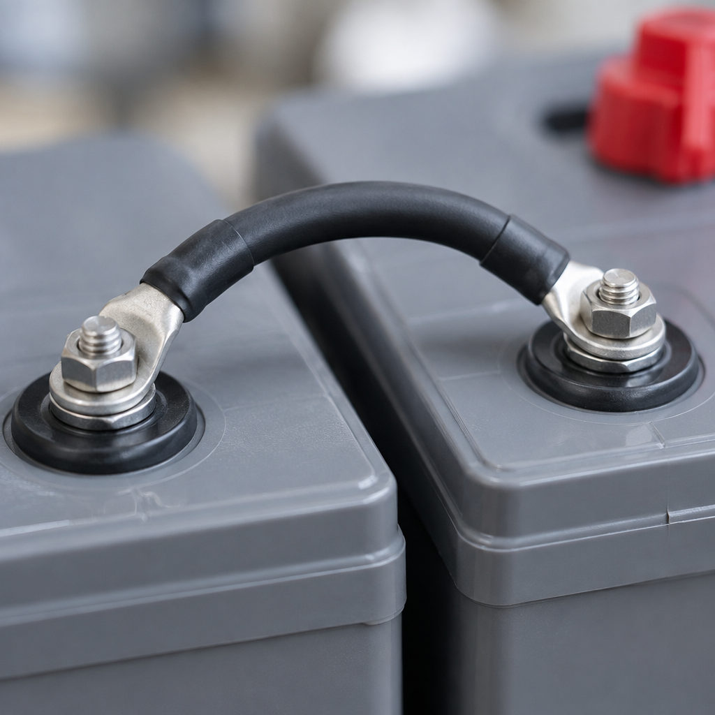 Close-up of matched AGM battery terminals connected in an RV bank