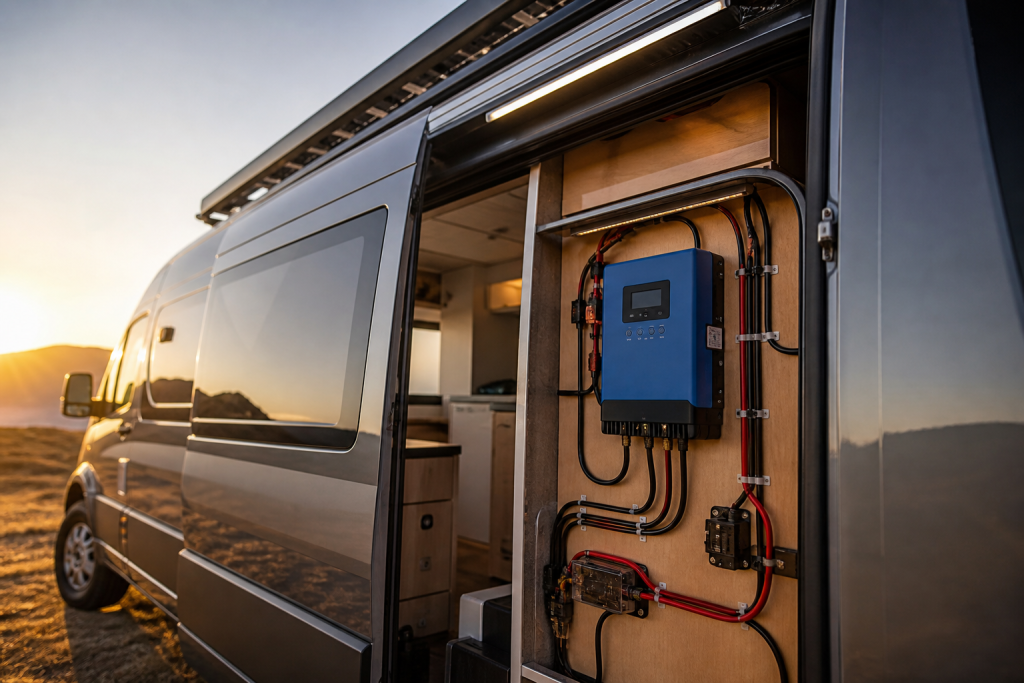 RV electrical bay showing best MPPT charge controller neatly wired