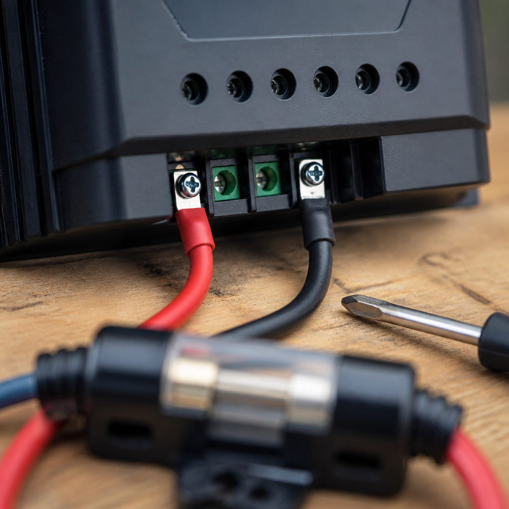 Close-up of correctly wired MPPT charge controller input terminals