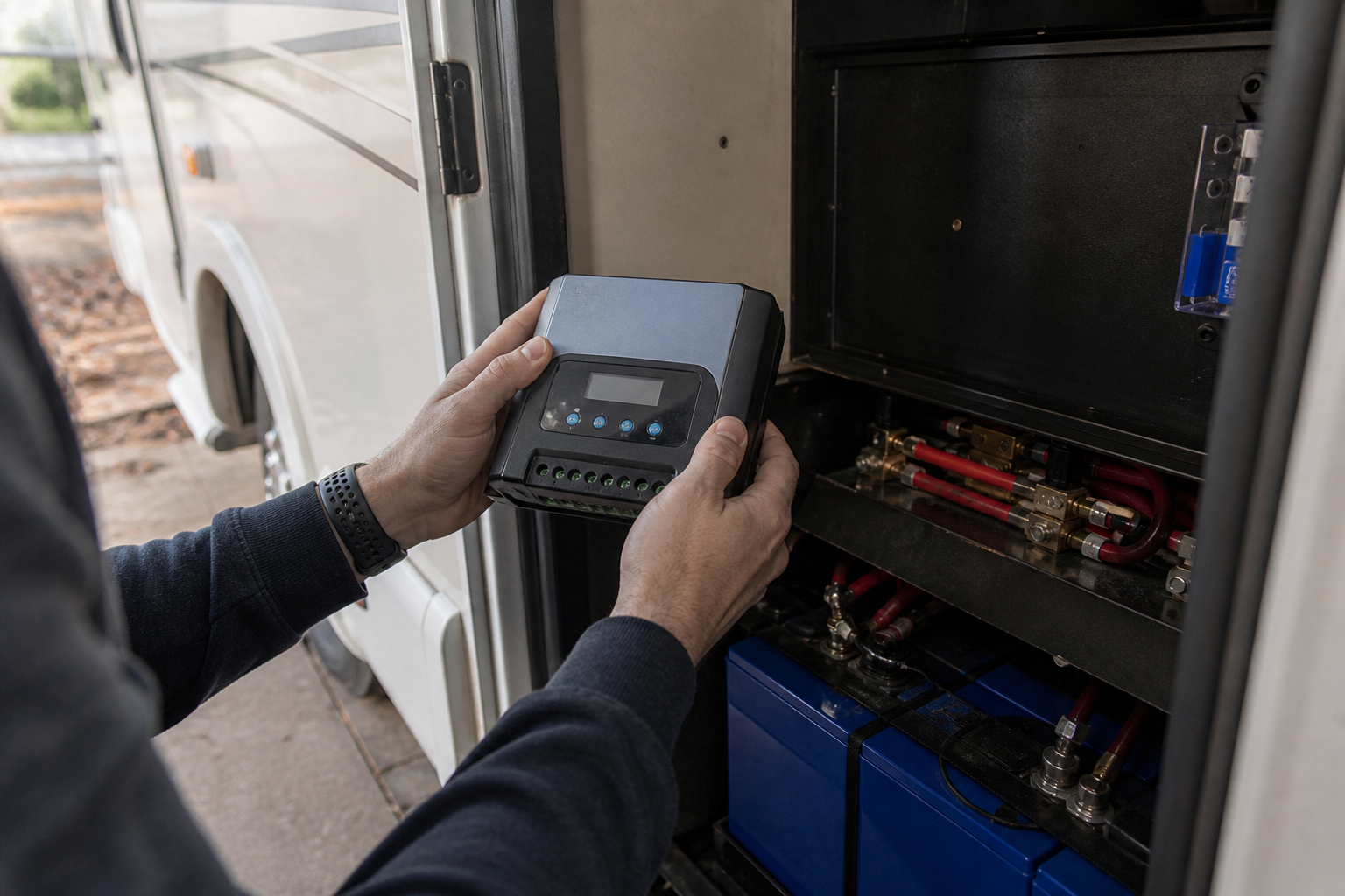 Hands sizing an MPPT charge controller for RV battery compartment