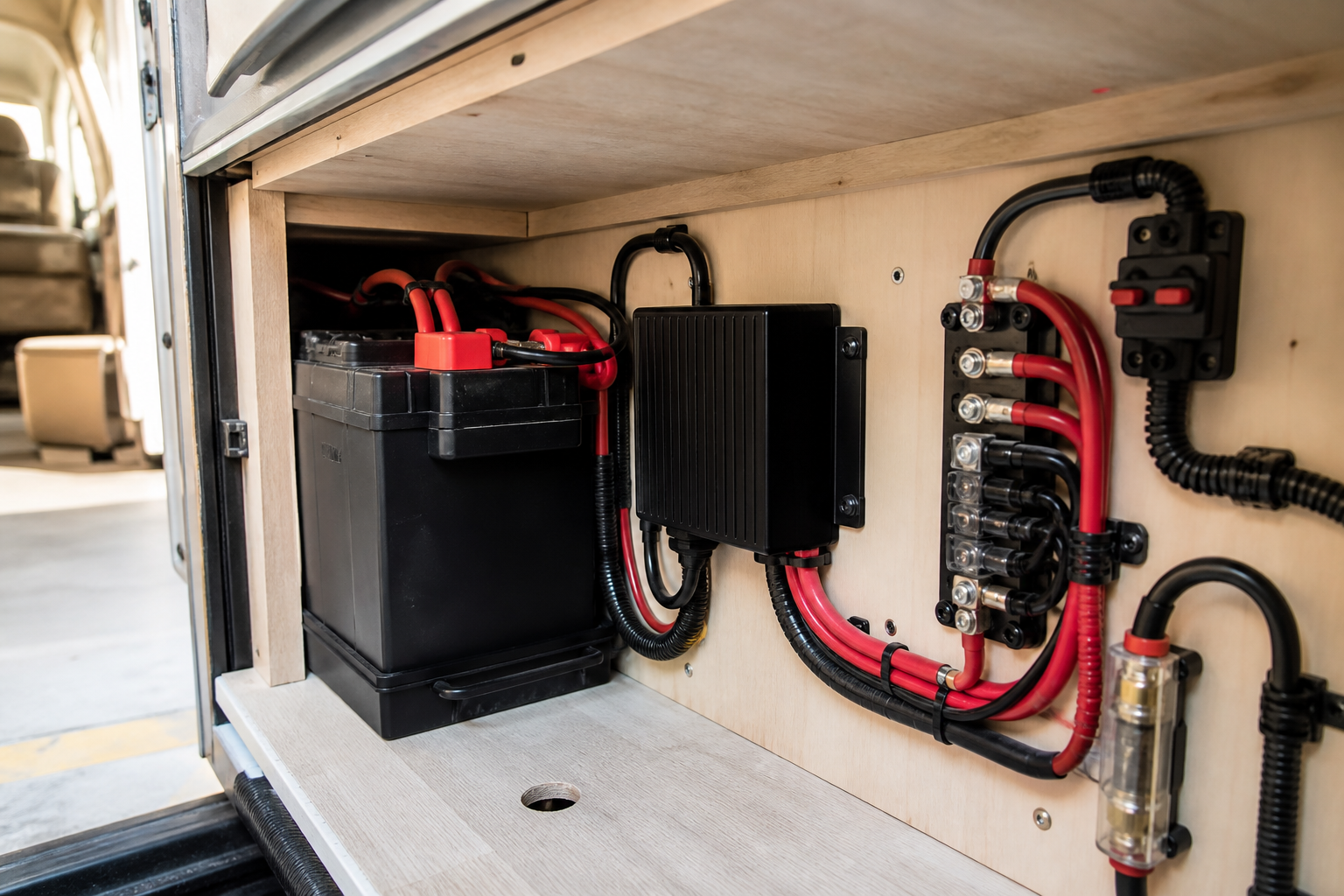 DC-DC charger wired to bus bar and battery inside camper van
