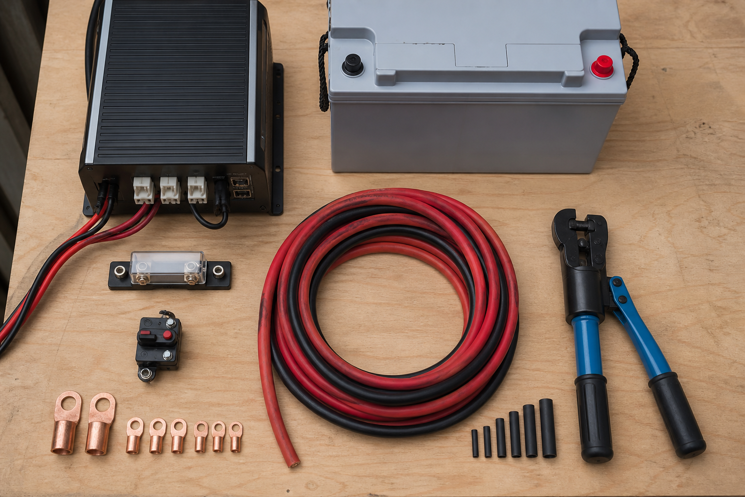 Components gathered for sizing a DC-DC charger RV alternator install