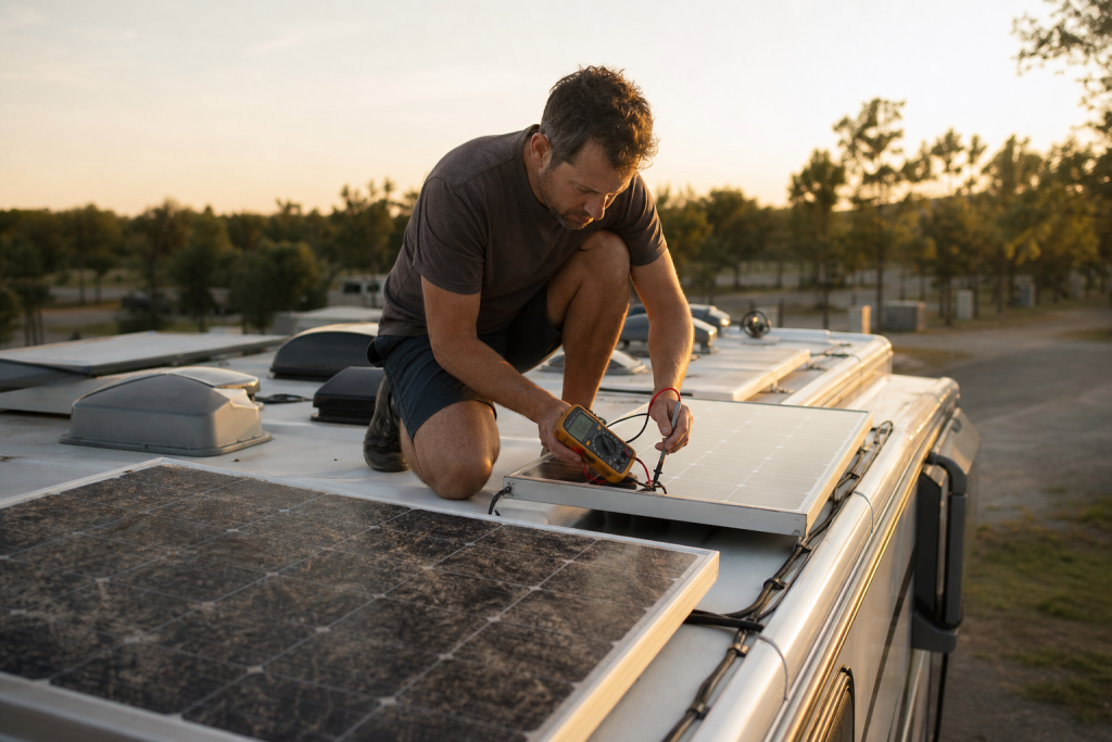 RV owner testing rooftop solar panel voltage with a multimeter