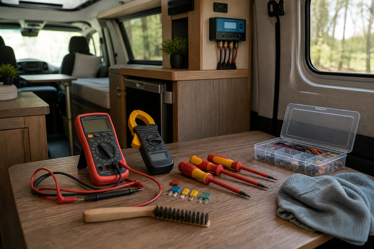 Multimeter and tools laid out for RV solar troubleshooting