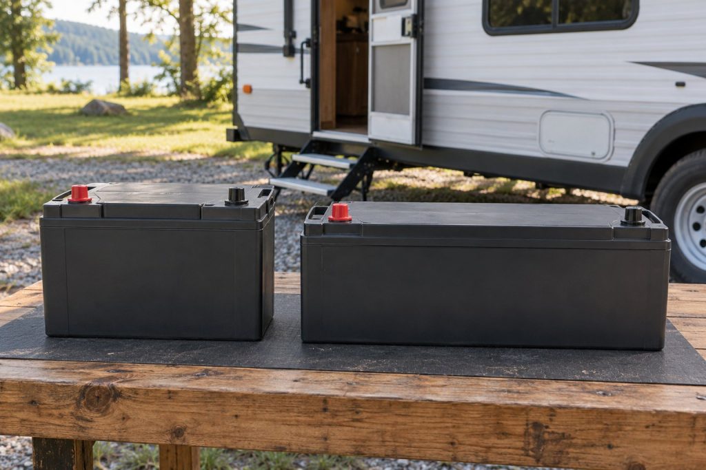 Compact and long lithium battery cases with capped terminals standing side by side on a workbench beside a travel trailer