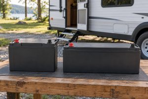 Compact and long lithium battery cases with capped terminals standing side by side on a workbench beside a travel trailer