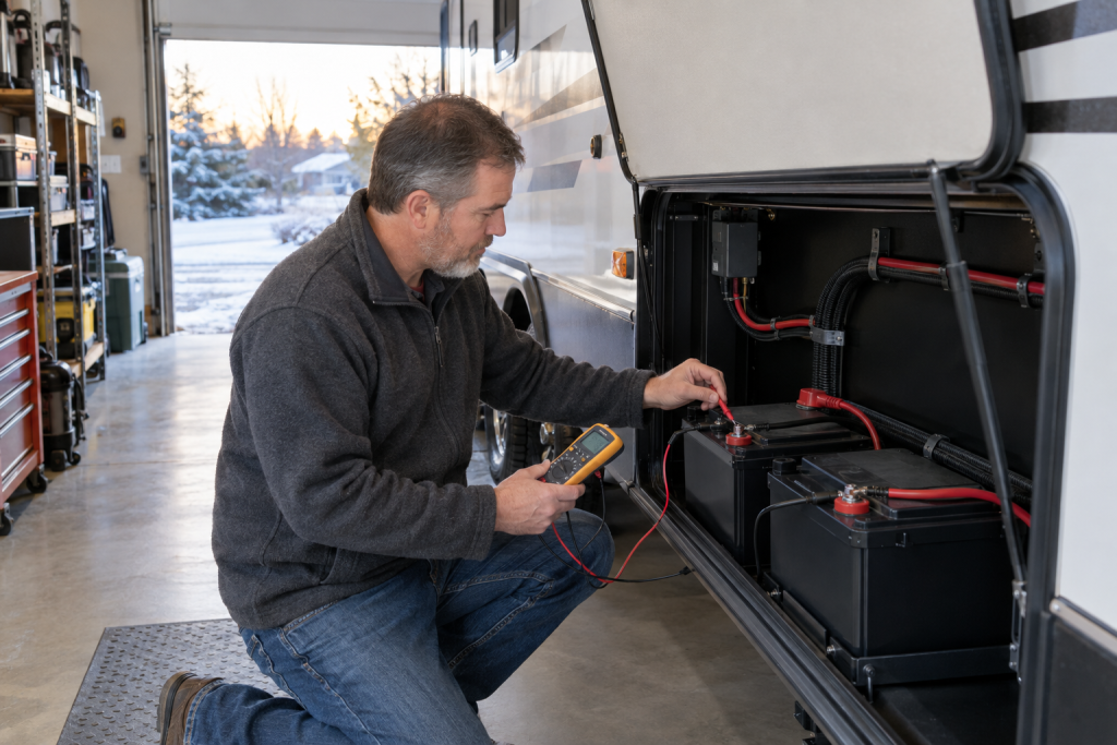 RV owner checking lithium battery voltage before winter storage in garage
