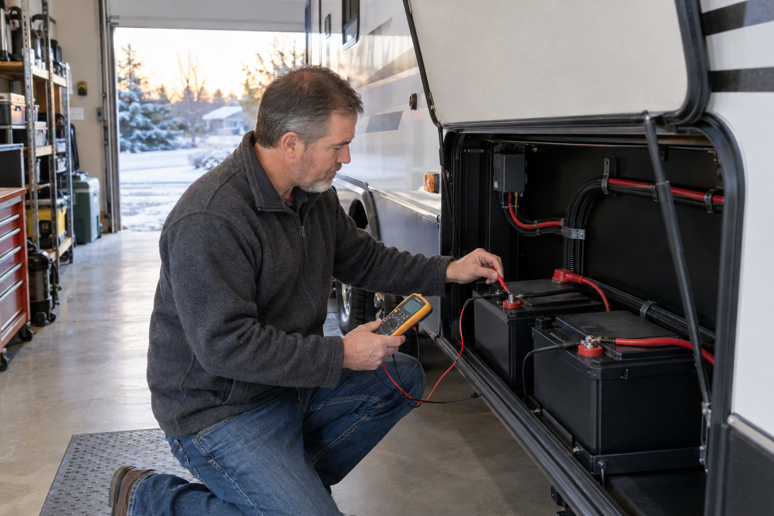 RV owner checking lithium battery voltage before winter storage in garage