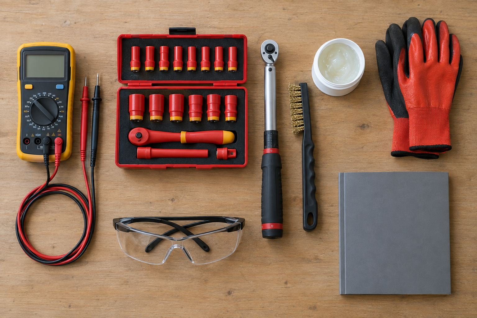 Multimeter, hand tools and gloves for winterizing RV lithium batteries