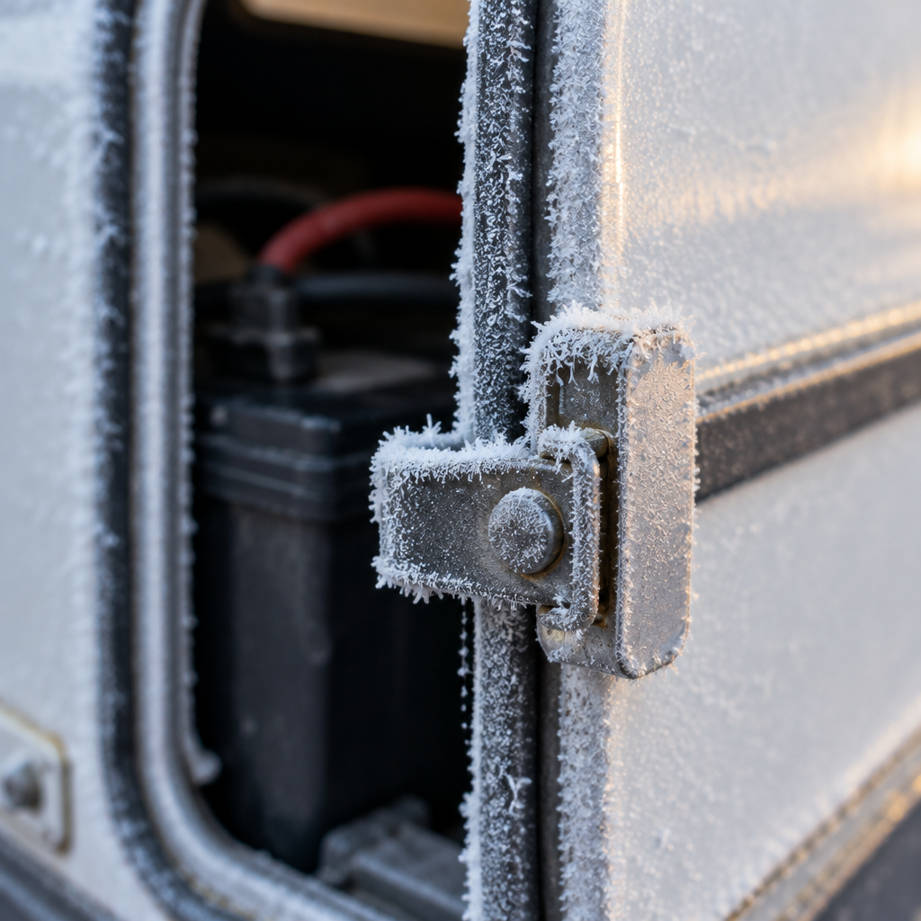 Frost on RV battery compartment latch, a winter risk for lithium batteries
