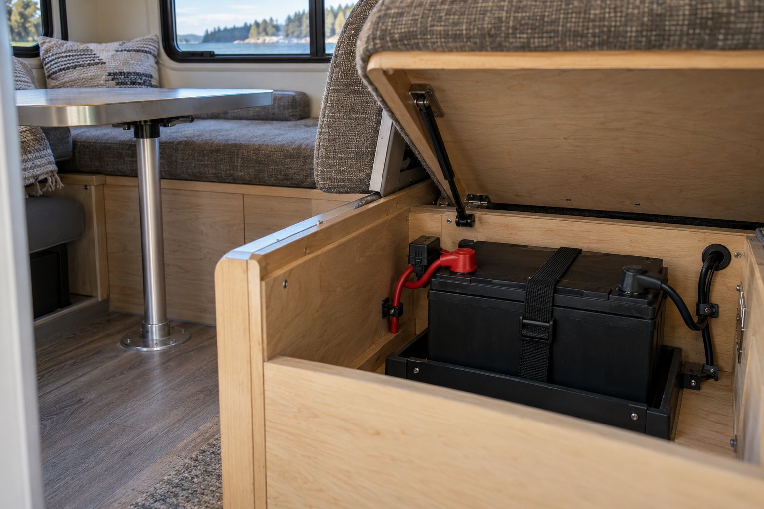 Compact house battery held in a tray beneath an open RV dinette seat, with a strap across the top and both terminals covered