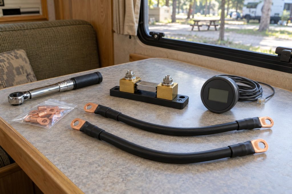 Unconnected shunt, round monitor display, torque wrench and two battery cables with crimped lugs set out on a camper's dinette table