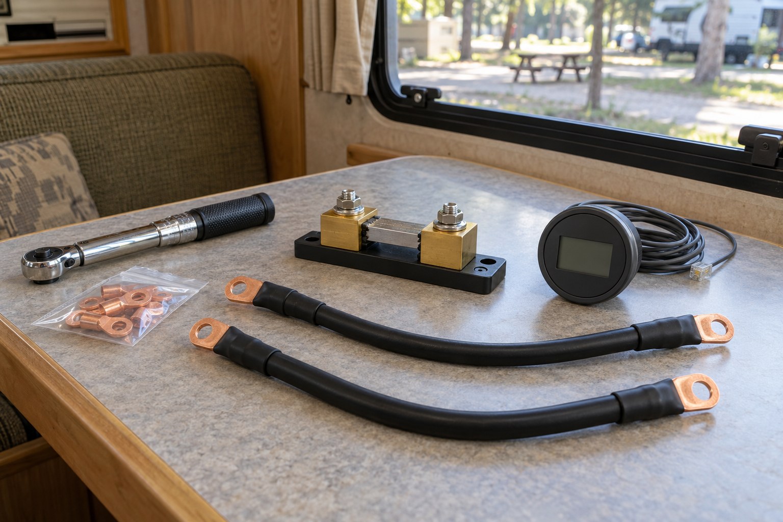 Unconnected shunt, round monitor display, torque wrench and two battery cables with crimped lugs set out on a camper's dinette table